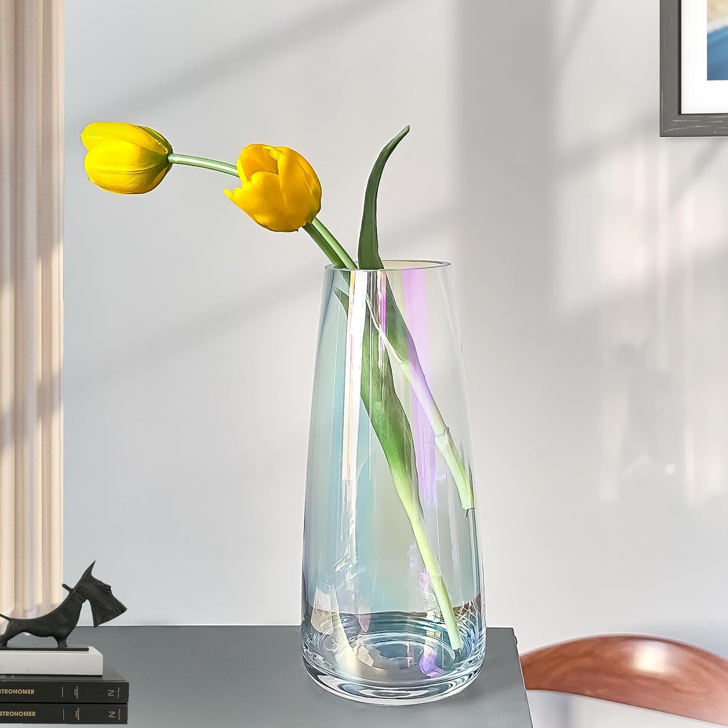 Flower Vase Modern Home Decor Glass Vase for Bouquet 8.7" Centerpiece Decor Room Living Room Library Office Table Entryway Modern Farmhouse(Iridescent Clear)