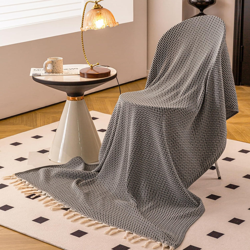 Premium Cotton Light Weight Boho Throw Blanket 50”X60” Gray Black and off White for Bed Chair Couch Farmhouse Turkish Throws for Sofa Bedroom Outdoor Fall Throw Blanket Yoga Blanket