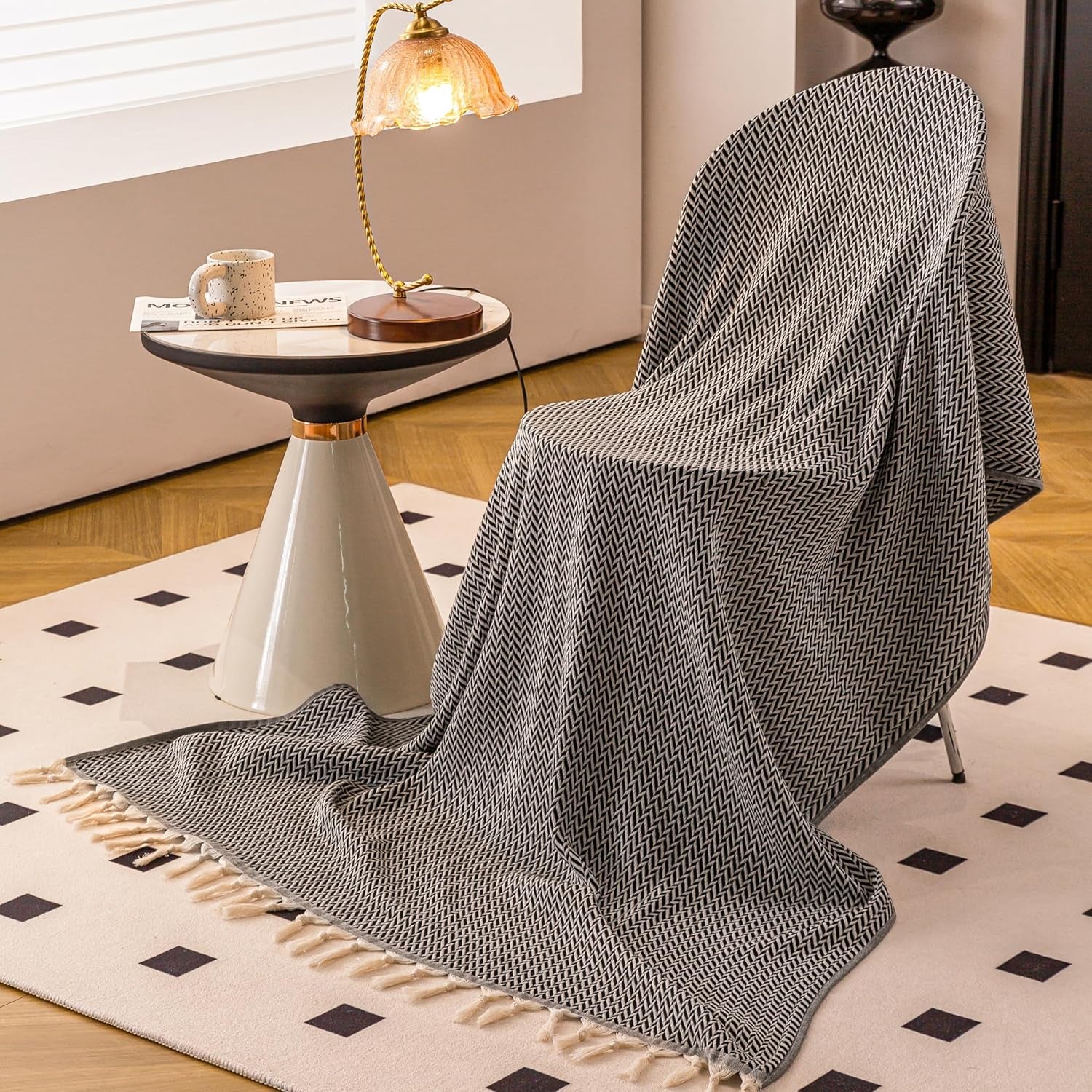 Premium Cotton Light Weight Boho Throw Blanket 50”X60” Gray Black and off White for Bed Chair Couch Farmhouse Turkish Throws for Sofa Bedroom Outdoor Fall Throw Blanket Yoga Blanket