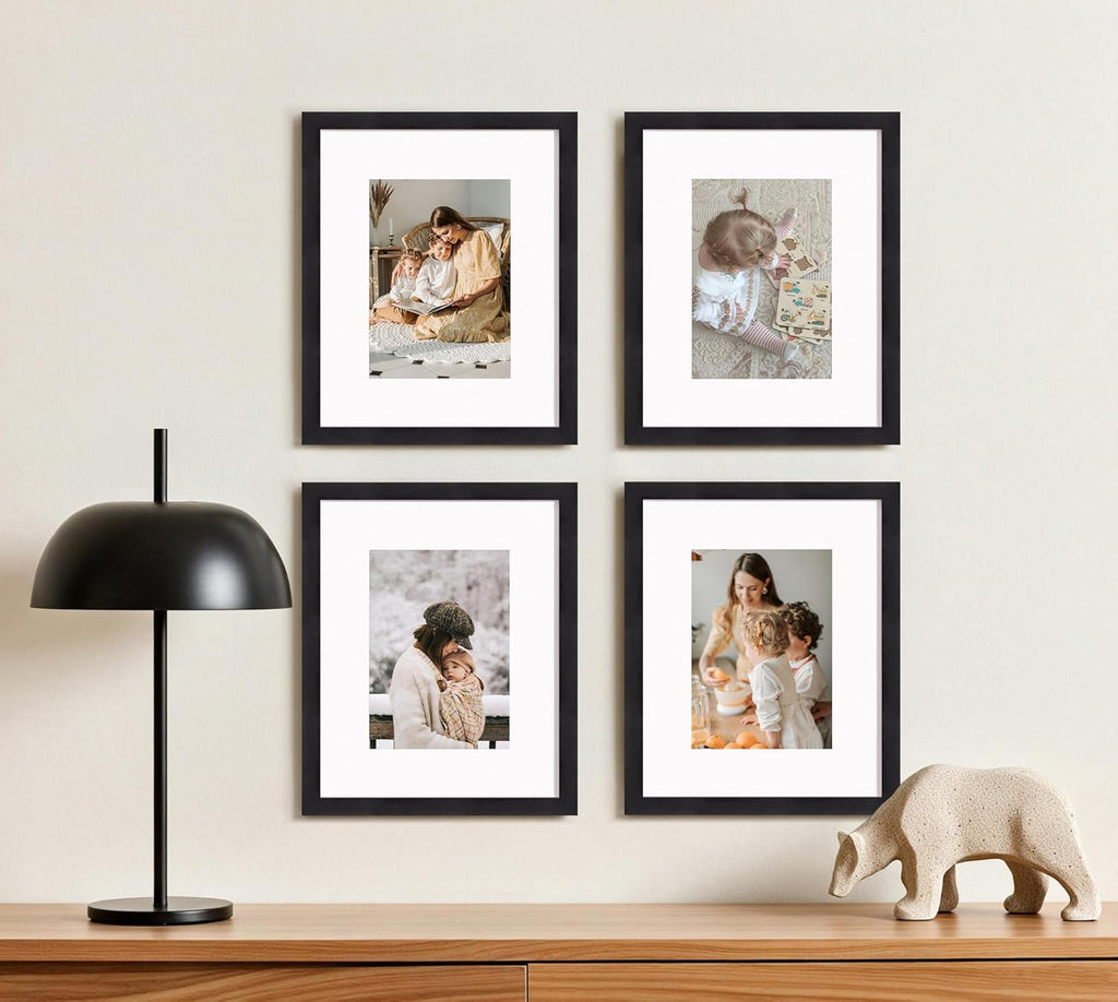 Solid Wood Picture Frame with Real Glass Cover, Wooden Wall Gallery Frame Display Photo 5X7 with Mat or 8X10 without Mat for Home Decor, 4 Pack, Black
