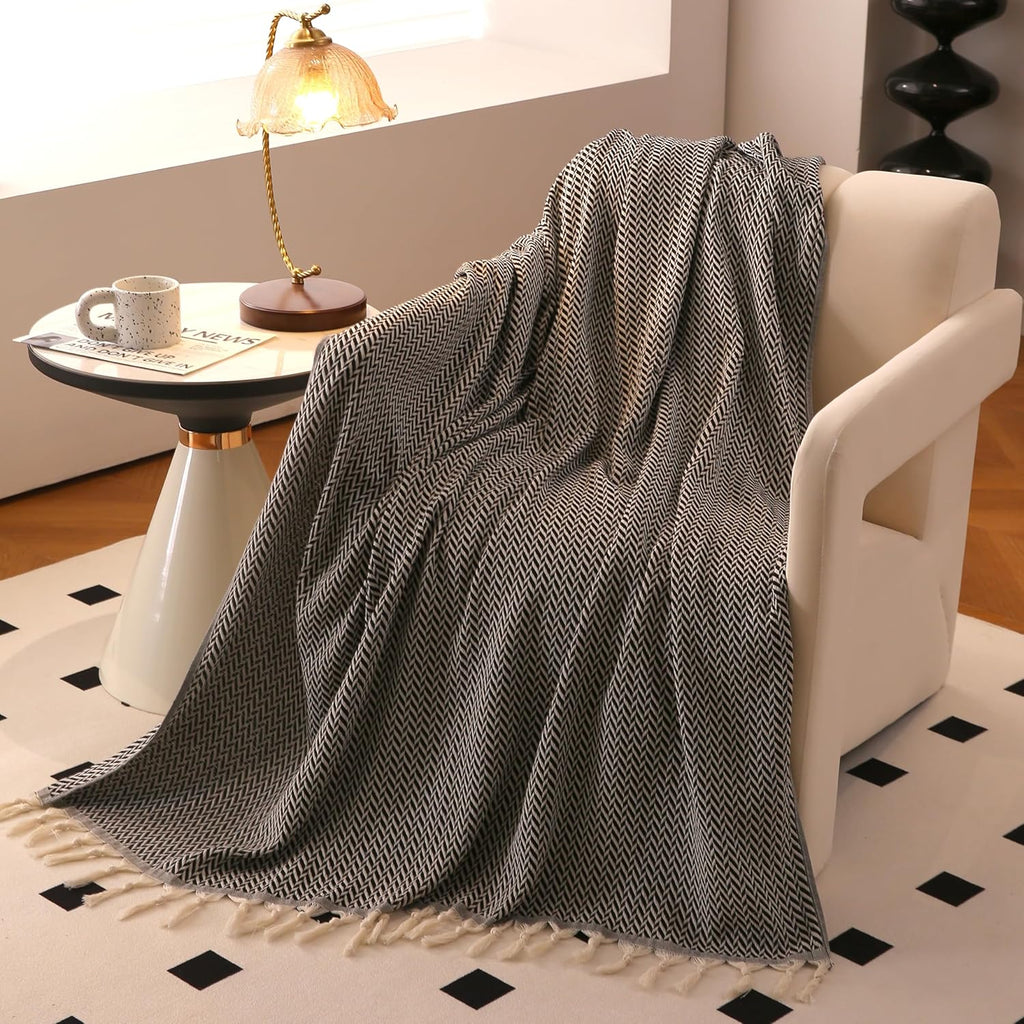 Premium Cotton Light Weight Boho Throw Blanket 50”X60” Gray Black and off White for Bed Chair Couch Farmhouse Turkish Throws for Sofa Bedroom Outdoor Fall Throw Blanket Yoga Blanket