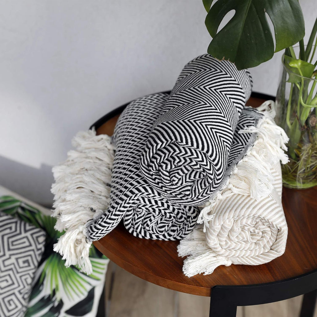Premium Cotton Light Weight Boho Throw Blanket 50”X60” Gray Black and off White for Bed Chair Couch Farmhouse Turkish Throws for Sofa Bedroom Outdoor Fall Throw Blanket Yoga Blanket