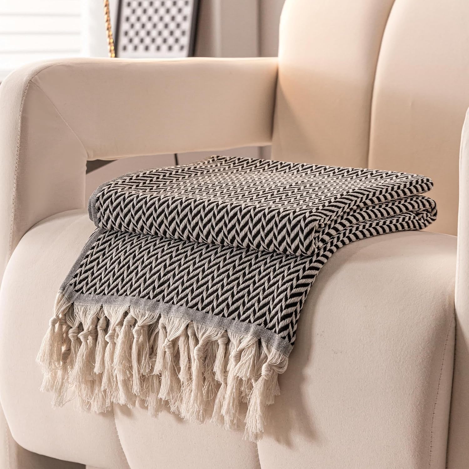Premium Cotton Light Weight Boho Throw Blanket 50”X60” Gray Black and off White for Bed Chair Couch Farmhouse Turkish Throws for Sofa Bedroom Outdoor Fall Throw Blanket Yoga Blanket