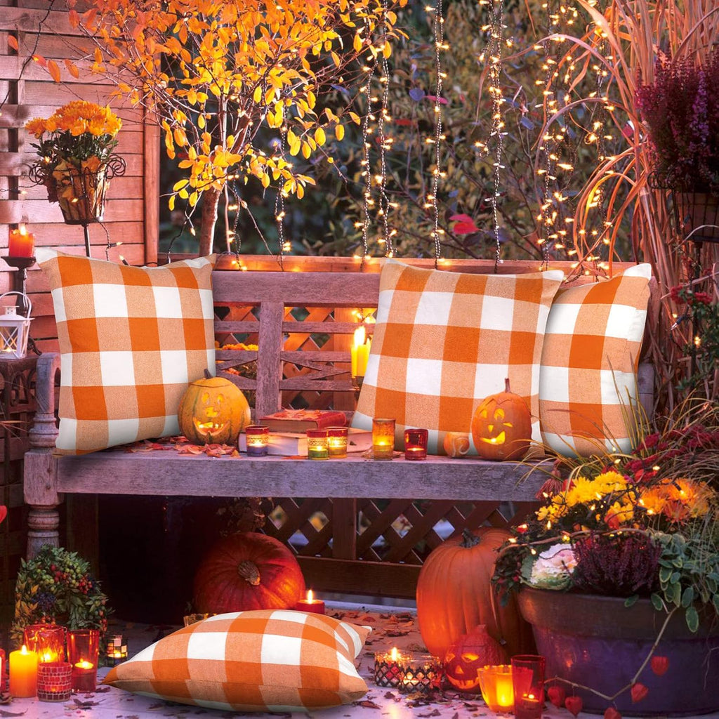 Set of 4 Fall Pillow Covers 20X20, Buffalo Check Plaid Orange Pillow Covers Outdoor Fall Decor for Home Farmhouse Throw Pillows Linen Cushion Covers for Couch Autumn Thanksgiving Decoration