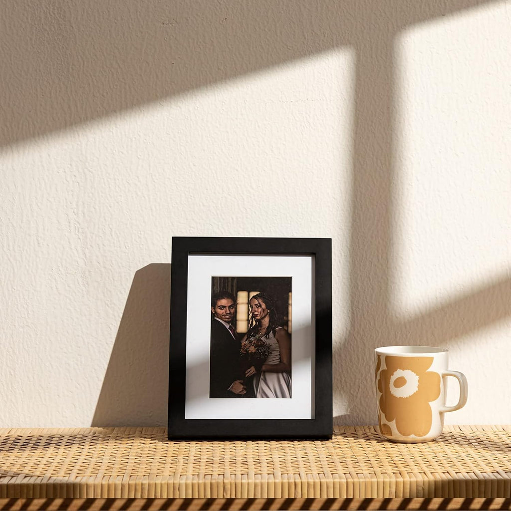 Solid Wood Picture Frame with Real Glass Cover, Wooden Wall Gallery Frame Display Photo 5X7 with Mat or 8X10 without Mat for Home Decor, 4 Pack, Black
