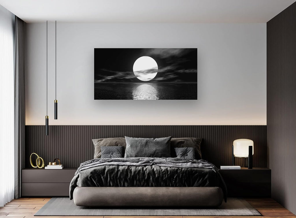 S06450 Wall Art Canvas Sea White Full Moon in Night Picture Canvas Poster Print Black and White Ocean for Living Room Bedroom Kitchen Home Decorations Framed Artwork
