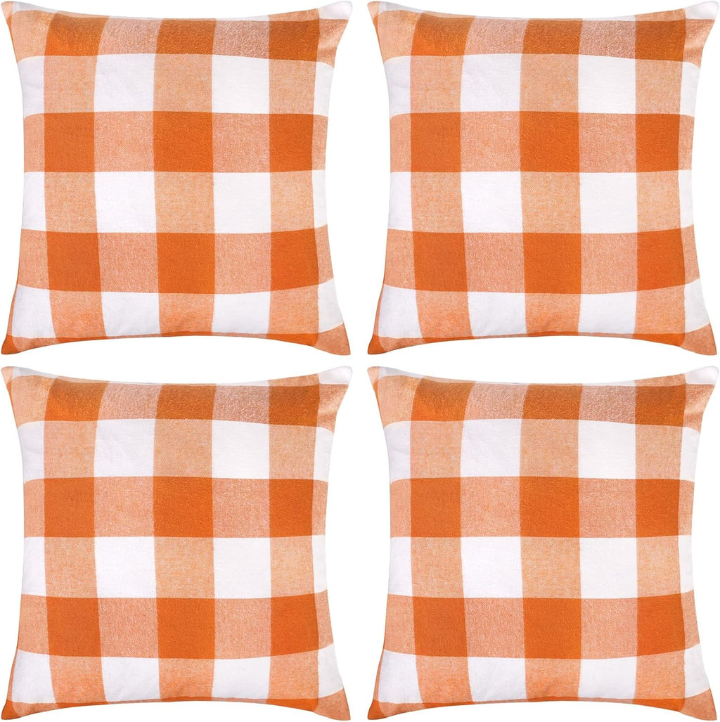 Set of 4 Fall Pillow Covers 20X20, Buffalo Check Plaid Orange Pillow Covers Outdoor Fall Decor for Home Farmhouse Throw Pillows Linen Cushion Covers for Couch Autumn Thanksgiving Decoration
