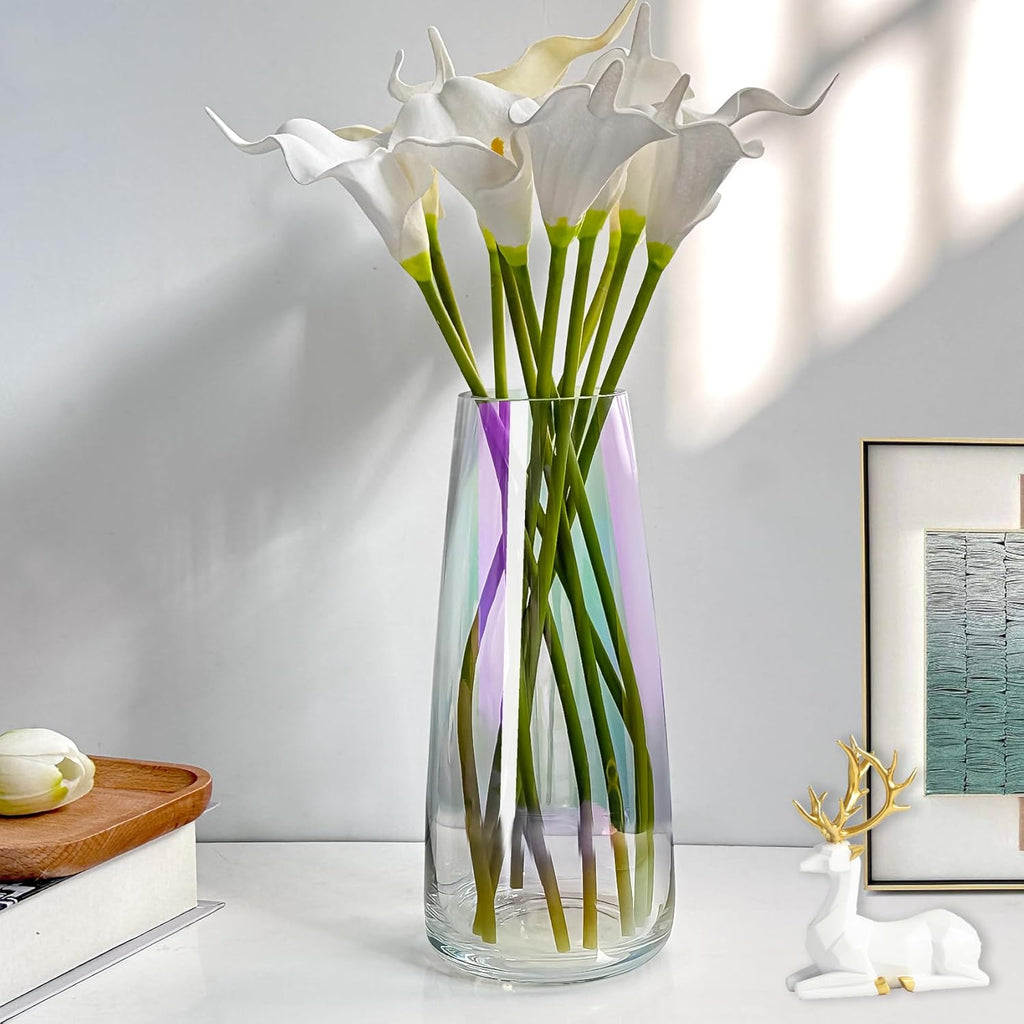Flower Vase Modern Home Decor Glass Vase for Bouquet 8.7" Centerpiece Decor Room Living Room Library Office Table Entryway Modern Farmhouse(Iridescent Clear)